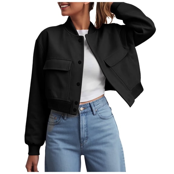 felwors Bomber Jacket Women 2025 - Short Cropped Jacket Women Button Down Long Sleeve Casual Varsity Jackets with Pockets Black, S