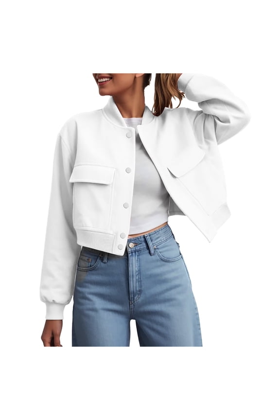 Bomber Jacket Women 2025 - Short Cropped Jacket Women Button Down Long Sleeve Casual Varsity Jackets with Pockets White, M