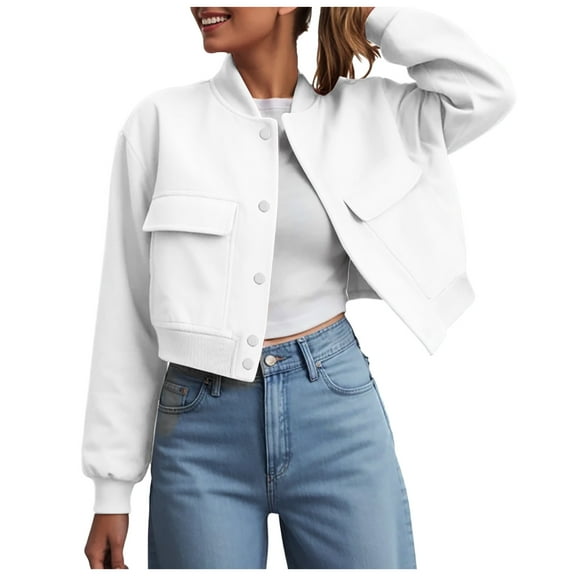 felwors Bomber Jacket Women 2025 - Short Cropped Jacket Women Button Down Long Sleeve Casual Varsity Jackets with Pockets White, XXL