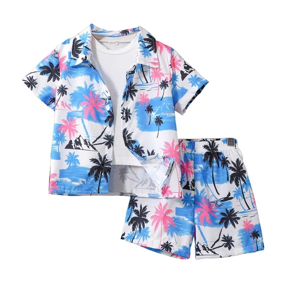 felwors Boy's 2 Piece Outfits Hawaiian Shorts Sets Tropical Print Button Down Short Sleeve Shirt and Shorts Size 3-7 Years (6 Years,Z02-Sky Blue)