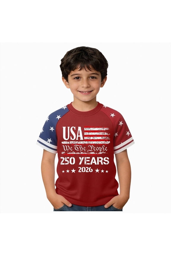Boys 250 Anniversary USA Shirt Vintage 250 Years America Shirt Short Sleeve Celebration Patriotic Flag 1776-2026 Tshirt (12-13 Years,Red)