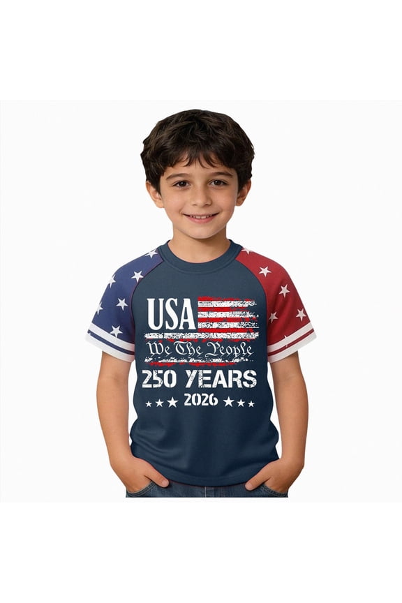 Boys 250 Anniversary USA Shirt Vintage 250 Years America Shirt Short Sleeve Celebration Patriotic Flag 1776-2026 Tshirt (4-5 Years,Navy)