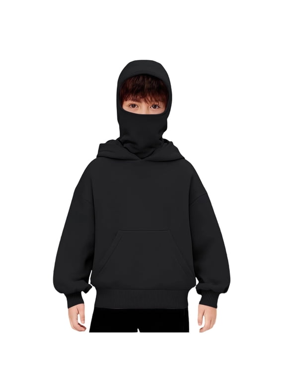 Boys Balaclava Hoodies Double Hooded Pullover Windproof Hoodie with Mask Ski Sweatshirts Jacket for Boys Girls Kids (Black,4-5 Years)