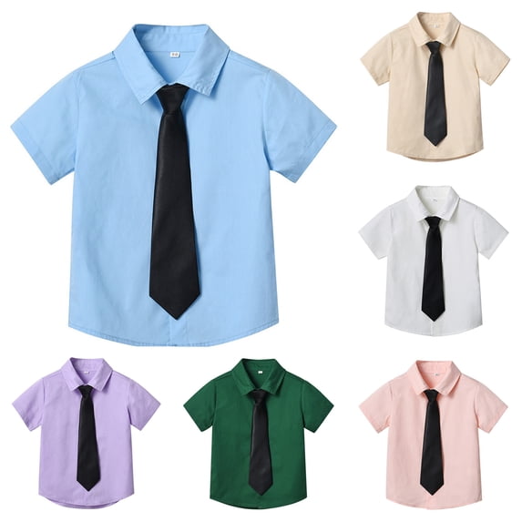 felwors Boys Girls Button Down Shirts Short Sleeve Dress Shirt Solid Formal Uniform 2-10 Years (4-5 Years, Light Blue)