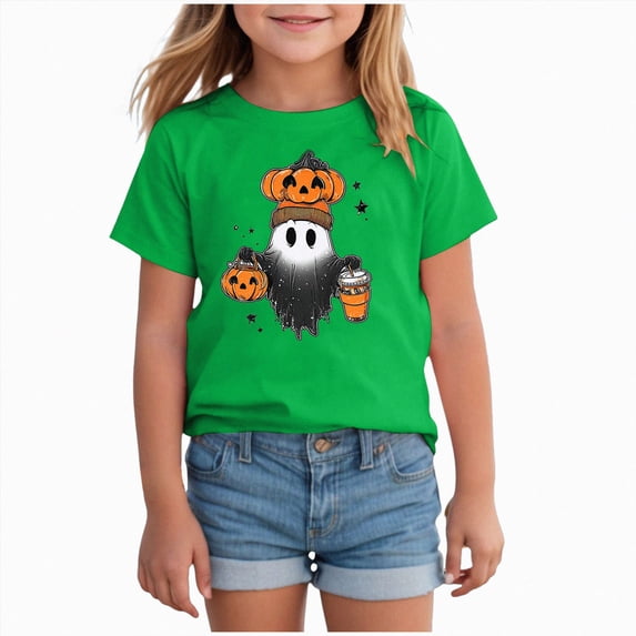 felwors Boys Girls Halloween Short Sleeve Shirts Toddler T-Shirt for Kids 3D Graphic Spooky Ghost Pumpkin Tees Top(Green,4-5 Years)