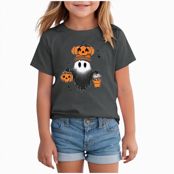 felwors Boys Girls Halloween Short Sleeve Shirts Toddler T-Shirt for Kids 3D Graphic Spooky Ghost Pumpkin Tees Top(Grey,8-9 Years)