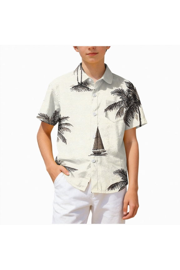 Boys Hawaiian Short Sleeve Button Down Dress Kids Summer Beach Aloha Top(Beige,4-5 Years)