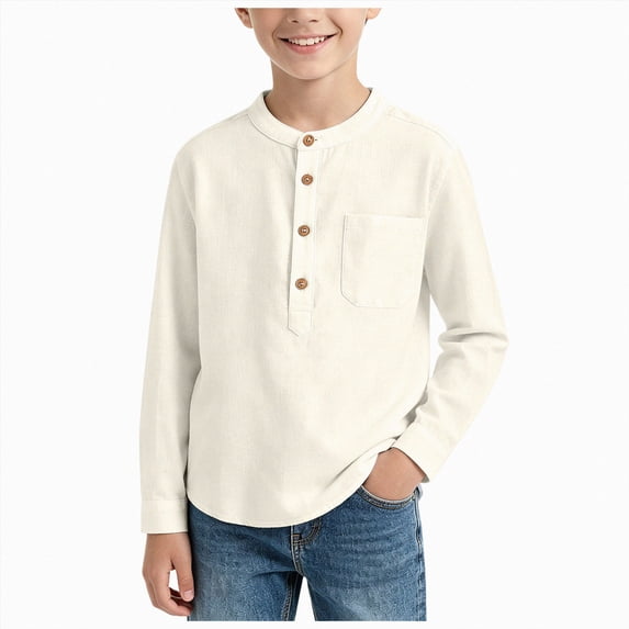 felwors Boys Linen Shirt Button Up Henley Long Sleeve Dress Shirts Lightweight Tees Tops with One Pocket (Beige,5-6 Years)