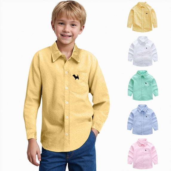 felwors Boys Long Sleeve Dress Shirts Classic Collared Button Down Shirt | Fashion Uniform Shirts,Boys School Clothes,Toddler Boy Shirts (Yellow,6-7 Years)
