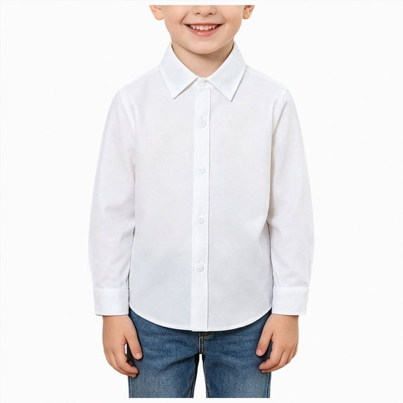 felwors Boys Long Sleeve Dress Shirts Kids Classic Collared Button-Down Shirt School Uniform Shirts (White,5-6 Years)