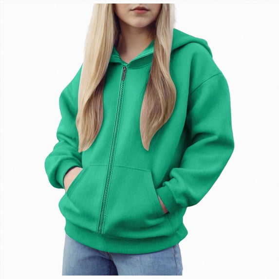 felwors Boys School Uniform Hoodies Solid Zip Up Long Sleeve Sweatshirt Oversized | Hooded Pullover Tops Athletic Sports Outwear Coats (Green,5-6 Years)
