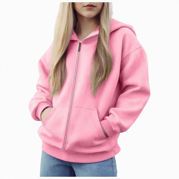 felwors Boys School Uniform Hoodies Solid Zip Up Long Sleeve Sweatshirt Oversized | Hooded Pullover Tops Athletic Sports Outwear Coats (Pink,8-9 Years)