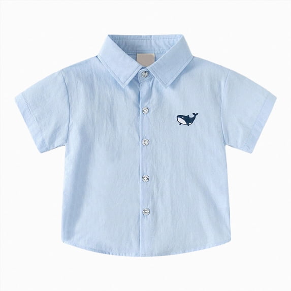 felwors Boys Striped Button Down Dress Shirts Short Sleeve Regular Fit Formal Uniform Shirt with Pocket (Blue,5-6 Years)