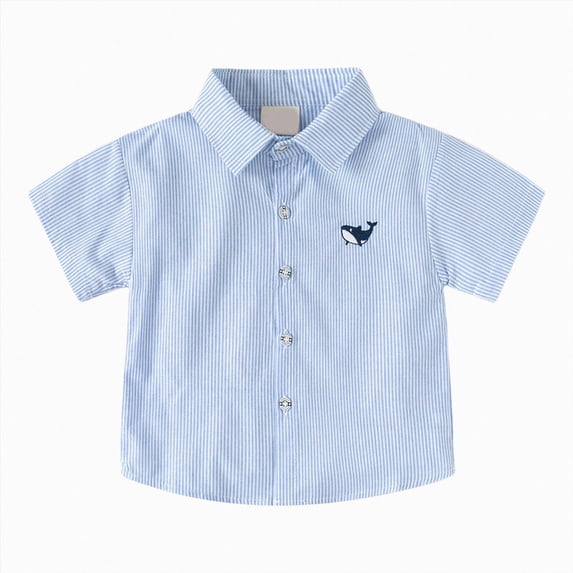 felwors Boys Striped Button Down Dress Shirts Short Sleeve Regular Fit Formal Uniform Shirt with Pocket (Light Blue,5-6 Years)