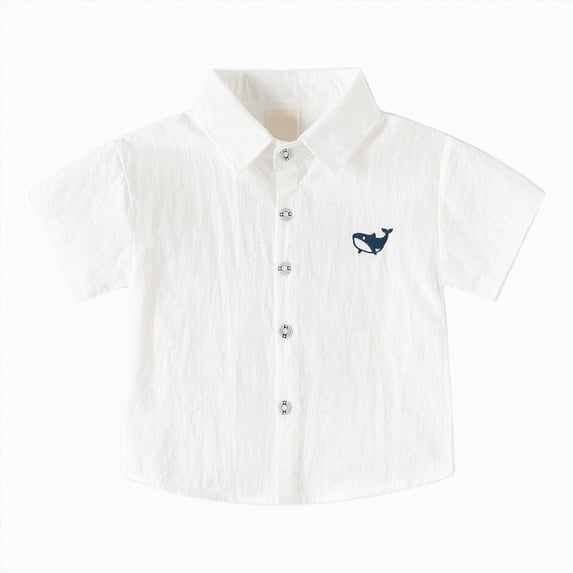 felwors Boys Striped Button Down Dress Shirts Short Sleeve Regular Fit Formal Uniform Shirt with Pocket (White,5-6 Years)