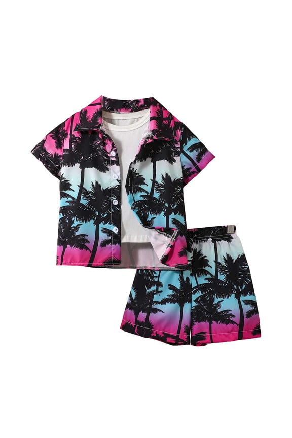 Boys Summer Outfits Short Sleeve Hawaiian Shirt and Shorts Vacation Set for Kids Summer Clothes Set (2-3 Years, Hot Pink)