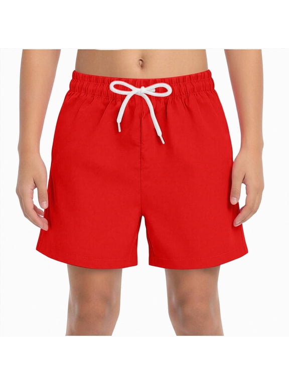 Boys Swim Trunks Quick Dry Sun Protection Board Shorts with Breathable Mesh Lining and Drawstring Waist (7-8 Years,Red)