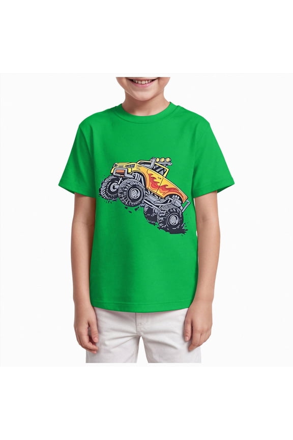 Boys T- Tee for Kids Short Sleeves Tractor Excavator Monster Truck Tops Clothes(Green,11-12 Years)