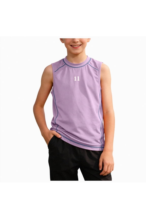 Boys Tank Tops Casual Sleeveless Crewneck Athletic Workout Tees Basic Solid Undershirts(Purple,7-8 Years)