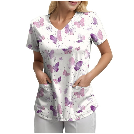 felwors Butterfly Printed Scrub Tops for Women Stretchy Short Sleeve Vneck Cute Nurse Working Uniforms with 2 Pockets (White, XXXL)