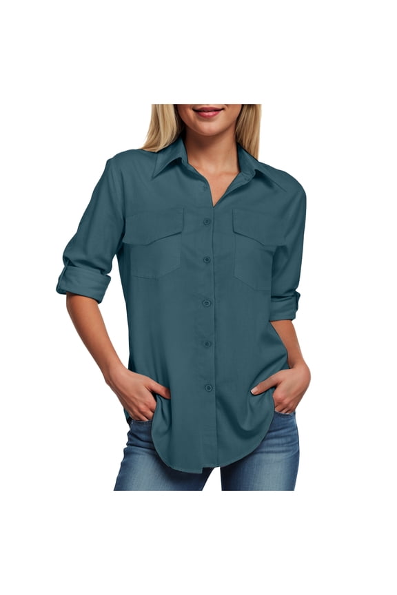 Button Down Shirts for Women Long Sleeve Dress Blouse Casual Solid Office Work Tops Dark Blue, S