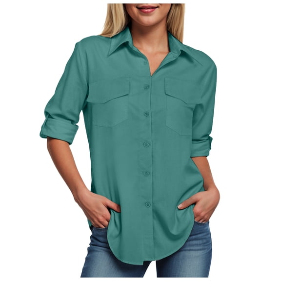 felwors Button Down Shirts for Women Long Sleeve Dress Blouse Casual Solid Office Work Tops Mint Green, S
