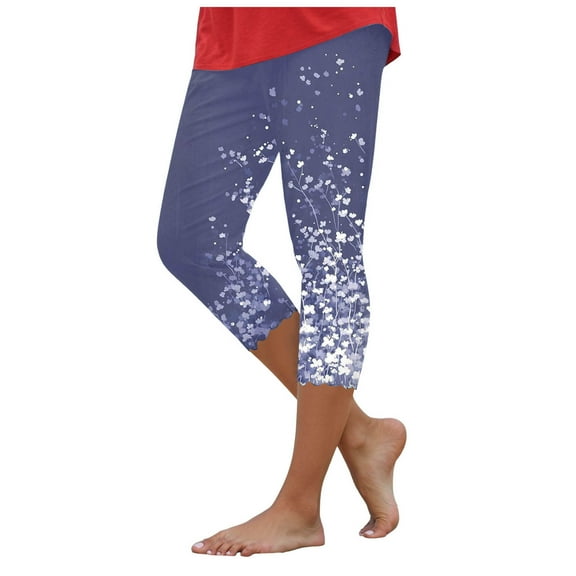 felwors Capri Leggings for Women Summer Floral Printed Plus Size Capris High Waist Knee Length Slim Fit Yoga Cropped Legging Blue, L