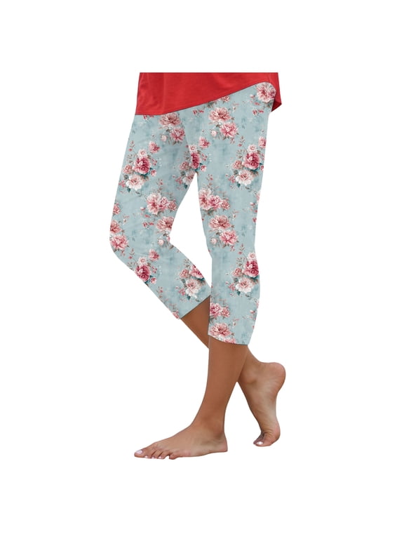 Capri Leggings for Women Yoga Workout Floral Print Pants Tummy Control Beach Cropped Pant Lightweight Trousers (Light Blue, XL)