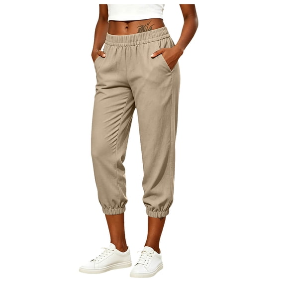 felwors Capri Pants Women Petite Summer Pull Capri Joggers Casual Elastic Waist Cropped Pant Beach Clothes Khaki for Size L