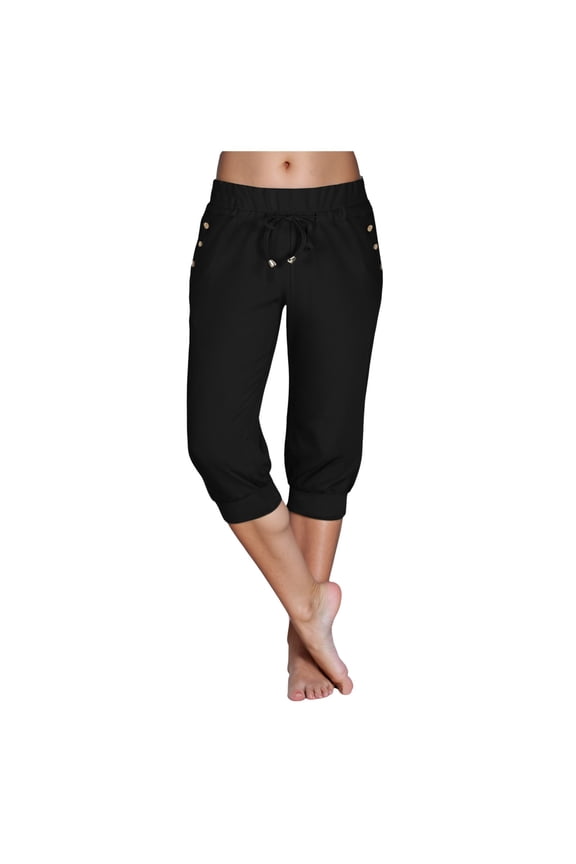 Capri Pants for Women High Waisted Drawstring Joggers Stretch Lightweight Casual Hiking Pant Capri with Pockets (Black, S)