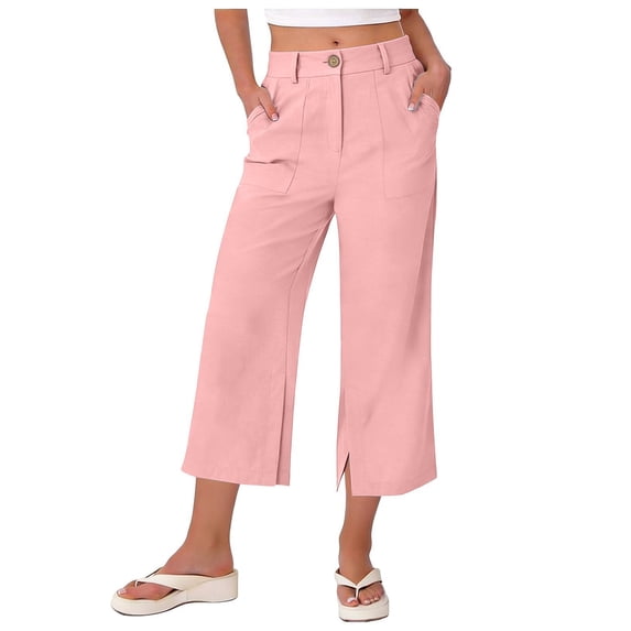 felwors Capri Women Wide Leg Trendy High Waisted Baggy Straight Casual Summer Stretch Denim Capris Pants Pink for Size L