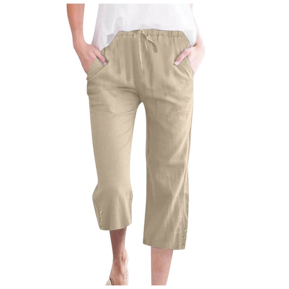 felwors Capris Pants for Women Cotton Linen Casual Summer 2025 Straight Wide Leg Loose Drawstring Elastic Waist Cropped Trouser Khaki, XXL