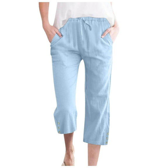 felwors Capris Pants for Women Cotton Linen Casual Summer 2025 Straight Wide Leg Loose Drawstring Elastic Waist Cropped Trouser Sky Blue, XL