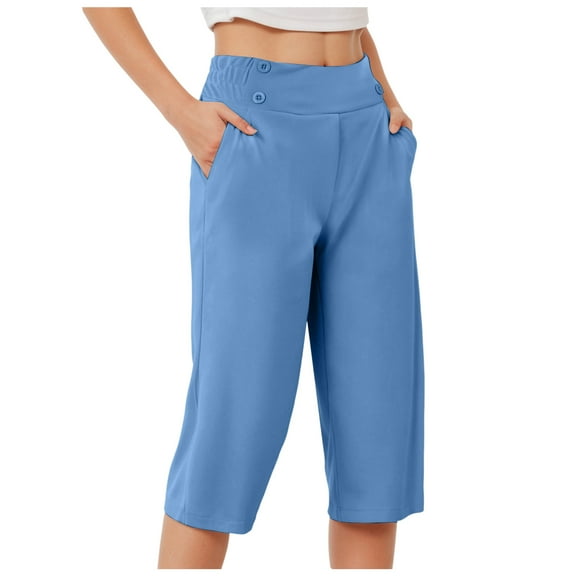 felwors Capris for Seniors Stretch High Waisted Crop Office Work Pants Summer Casual Capri Slacks Yoga Dress Pant Blue, S