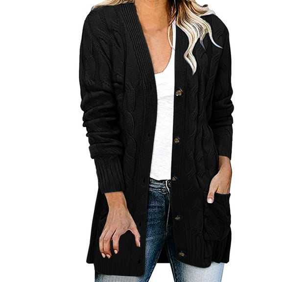 felwors Cardigan Sweaters for Women Long,Cable Knit Button Outerwear,Lightweight Fall Sweaters,Women's Cotton Cardigan with Pocket Black, M