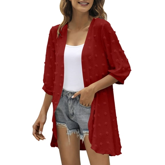 felwors Cardigan for Womens 3/4 Sleeve Swiss Dots Kimono Lightweight Summer Chiffon Open Front Dusters Beach Cover Up​ Red, XL