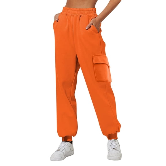 felwors Cargo Joggers for Women - High Waisted Baggy Sweatpants with Pockets Orange, L