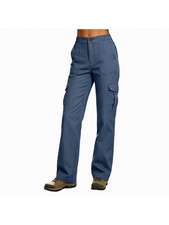 Cargo Pants Women 2026 High Waist Straight Leg Waterproof Hiking Pants Women Button Stretch Outdoor Work Trousers Blue for Size XXL