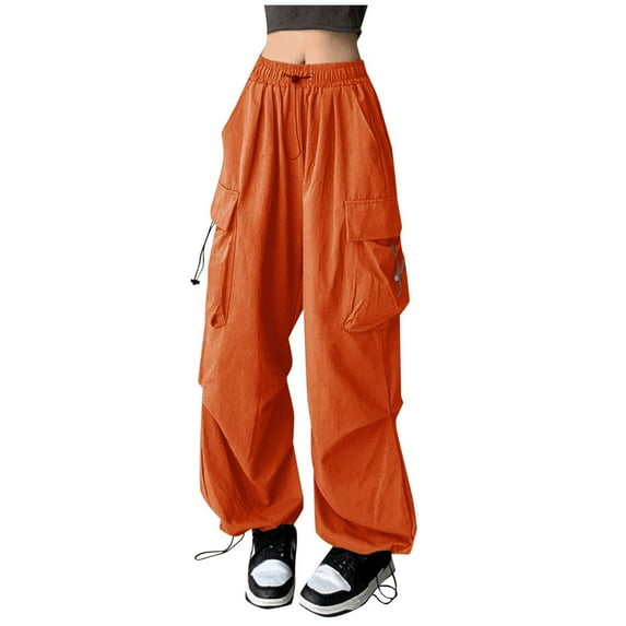 felwors Cargo Pants Women Baggy Parachute Pants Woman Mutil Pockets Loose Fit Y2K Casual Pants for Women Orange, XXL