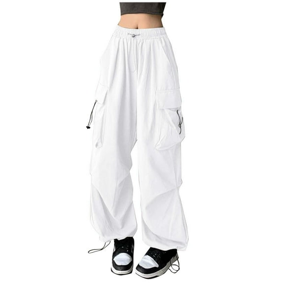 felwors Cargo Pants Women Baggy Parachute Pants Woman Mutil Pockets Loose Fit Y2K Casual Pants for Women White, L