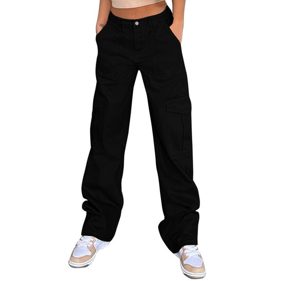 felwors Cargo Pants for Women High Waisted Casual Pants Baggy Stretchy Wide Leg Y2K Streetwear with 6 Pockets Black, M