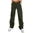 thumbnail image 1 of felwors Cargo Pants for Women High Waisted Casual Pants Baggy Stretchy Wide Leg Y2K Streetwear with 6 Pockets Green, L, 1 of 8