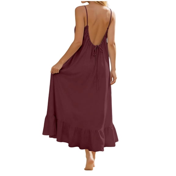 felwors Casual Dresses for Women Sleeveless Backless Cami Dress Spaghetti Strap Flowy Beach Summer Loose Vacation Maxi Sundress (Wine, S)