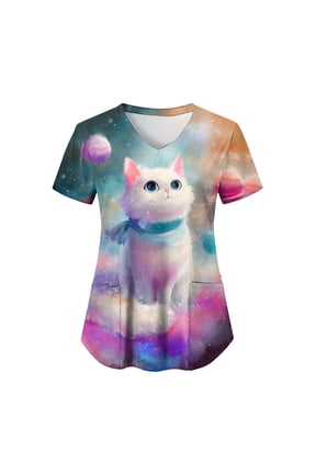 Cat Print Scrub Tops Women Cute Cats Nurse Uniform with Pockets (Light Pink, XL)