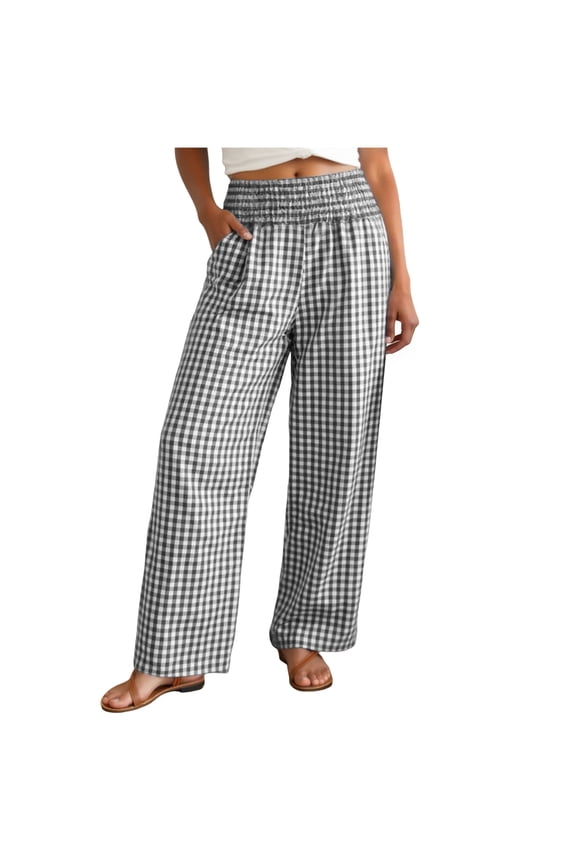 Checkered Gingham Wide Leg Pants Women's Casual Comfort Fit with Drawstring Waist (Black, M)