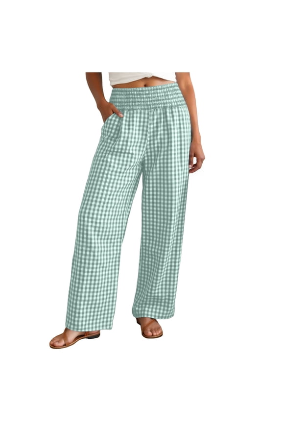 Checkered Gingham Wide Leg Pants Women's Casual Comfort Fit with Drawstring Waist (Green, XL)