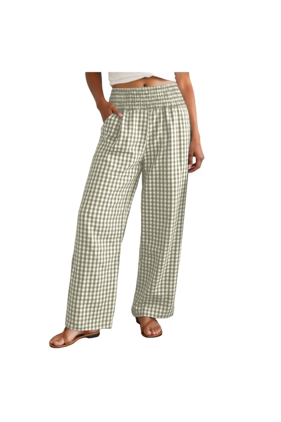 Checkered Gingham Wide Leg Pants Women's Casual Comfort Fit with Drawstring Waist (Light Green, M)