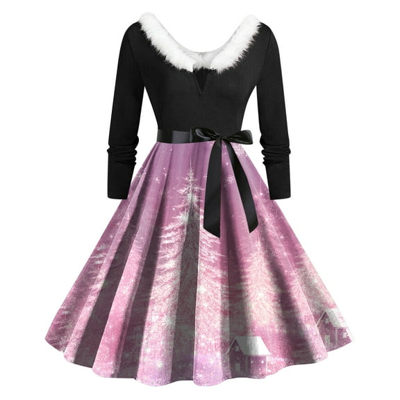 felwors Christmas Dresses for Women Long Sleeve Pleated Prom Hepburn Dresses with Belt Winter Party Cocktail Dress Pink, S