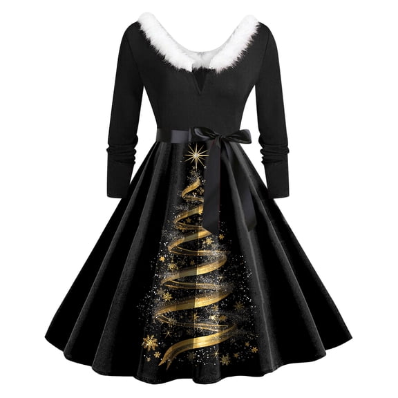 felwors Christmas Dresses for Women Long Sleeve Pleated Prom Hepburn Dresses with Belt Winter Party Cocktail Dress Yellow, S