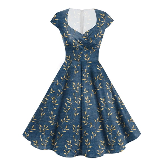 felwors Cocktail Dresses for Wedding Guest, Womens Vintage 1950s Tea Party V Neck Short Sleeve A Line Midi Swing Dress Dark Blue, S